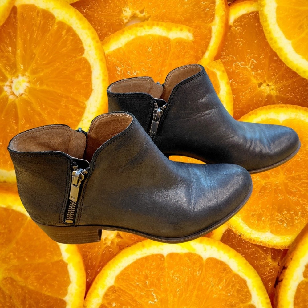 Lucky Brand Burklee Black Leather Ankle Boots Womens 6.5M Side Zip Block Heel